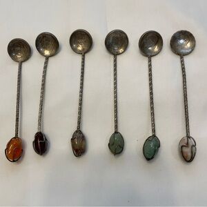 Vintage Set of 6 Brazilian  Coins  w/ Gemstones Iced Tea Spoons
